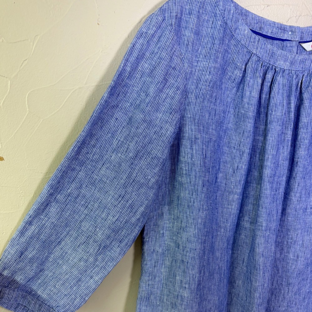 Boden Linen Blouse Womens 10 Blue White Striped Button Back Coastal Preppy - Picture 4 of 11